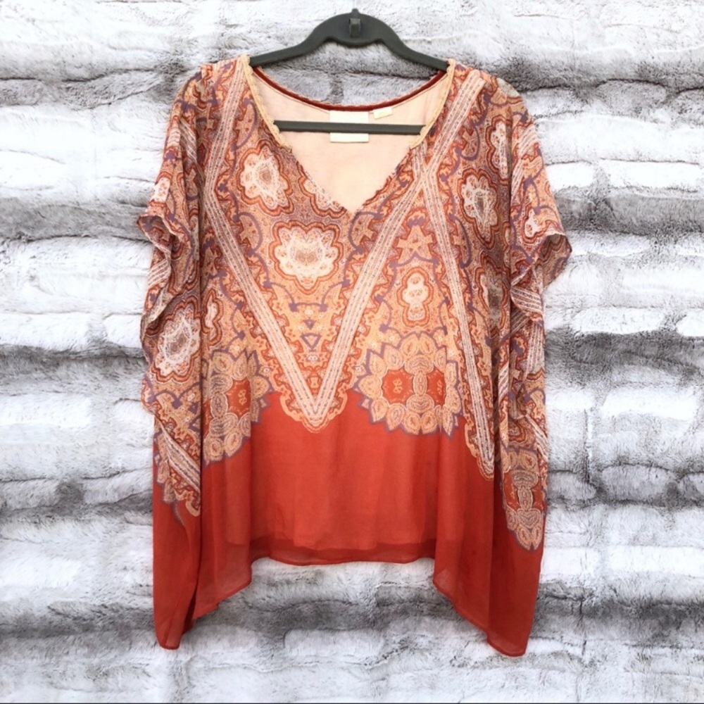 Anthropologie Boho Paisley V-Neck Blouse in Rust and Cream